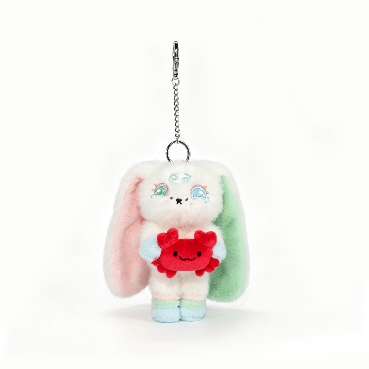 Plushie Dreadfuls bunny keychain with pastel ears cuddles a red crab—perfect as a Cancer Zodiac Gift.