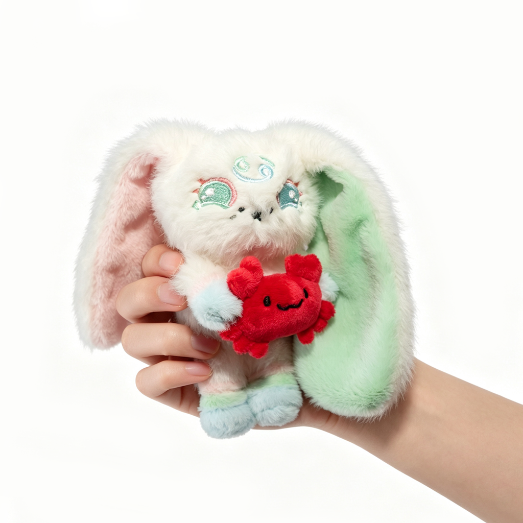 A hand holds a white Plushie Dreadfuls bunny with green ears and a red Cancer Plush Keychain crab on white background.