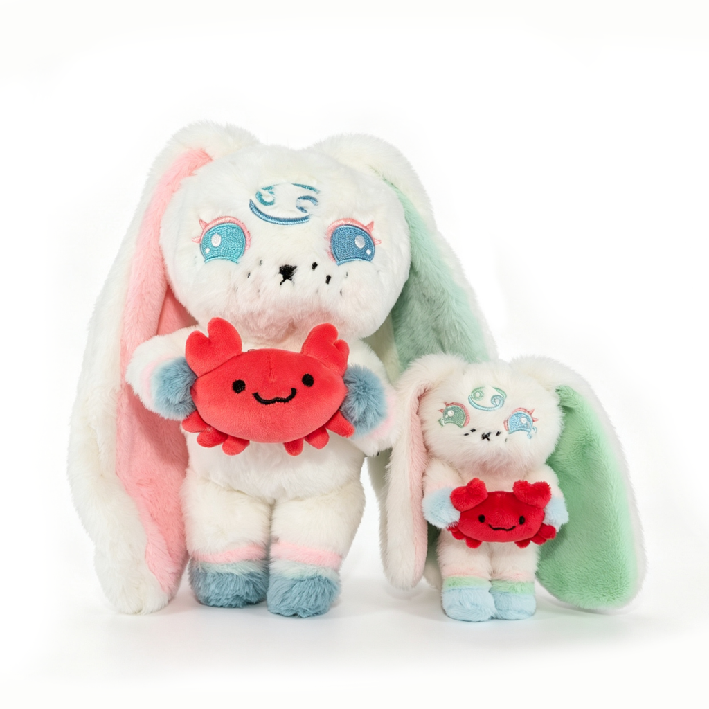 Two pastel plush bunnies hold red Cancer Plush Keychain crabs, standing side by side on a white background.