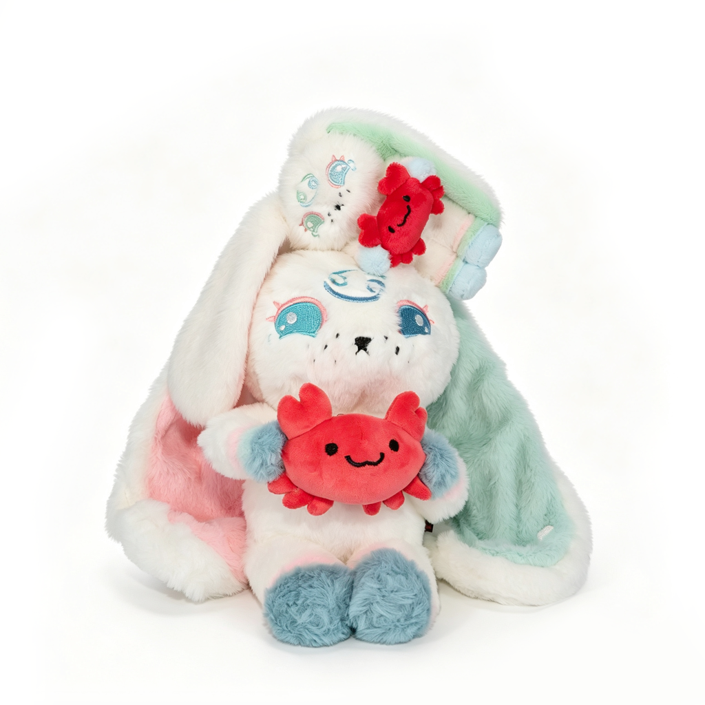 Plushie Dreadfuls bunny with pastel fur holds a red Cancer Plush Keychain—cute Cancer Zodiac Gift on white background.