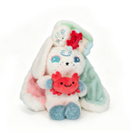 Plushie Dreadfuls bunny with pastel fur holds a red Cancer Plush Keychain—cute Cancer Zodiac Gift on white background.