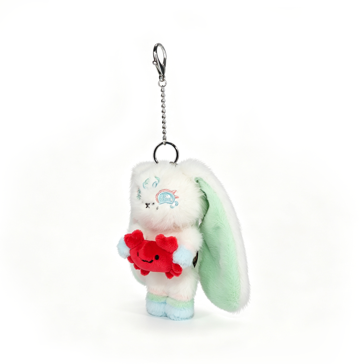 Plushie Dreadfuls Cancer Plush Keychain: bunny with green ears holds a red crab, perfect Cancer Zodiac Gift.