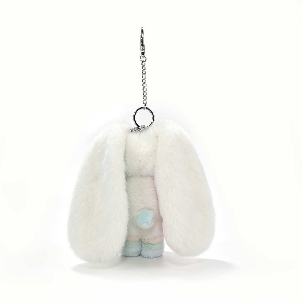 Plush bunny keychain with long white ears, ideal as a Cancer Zodiac Gift, hanging on a silver chain against white.