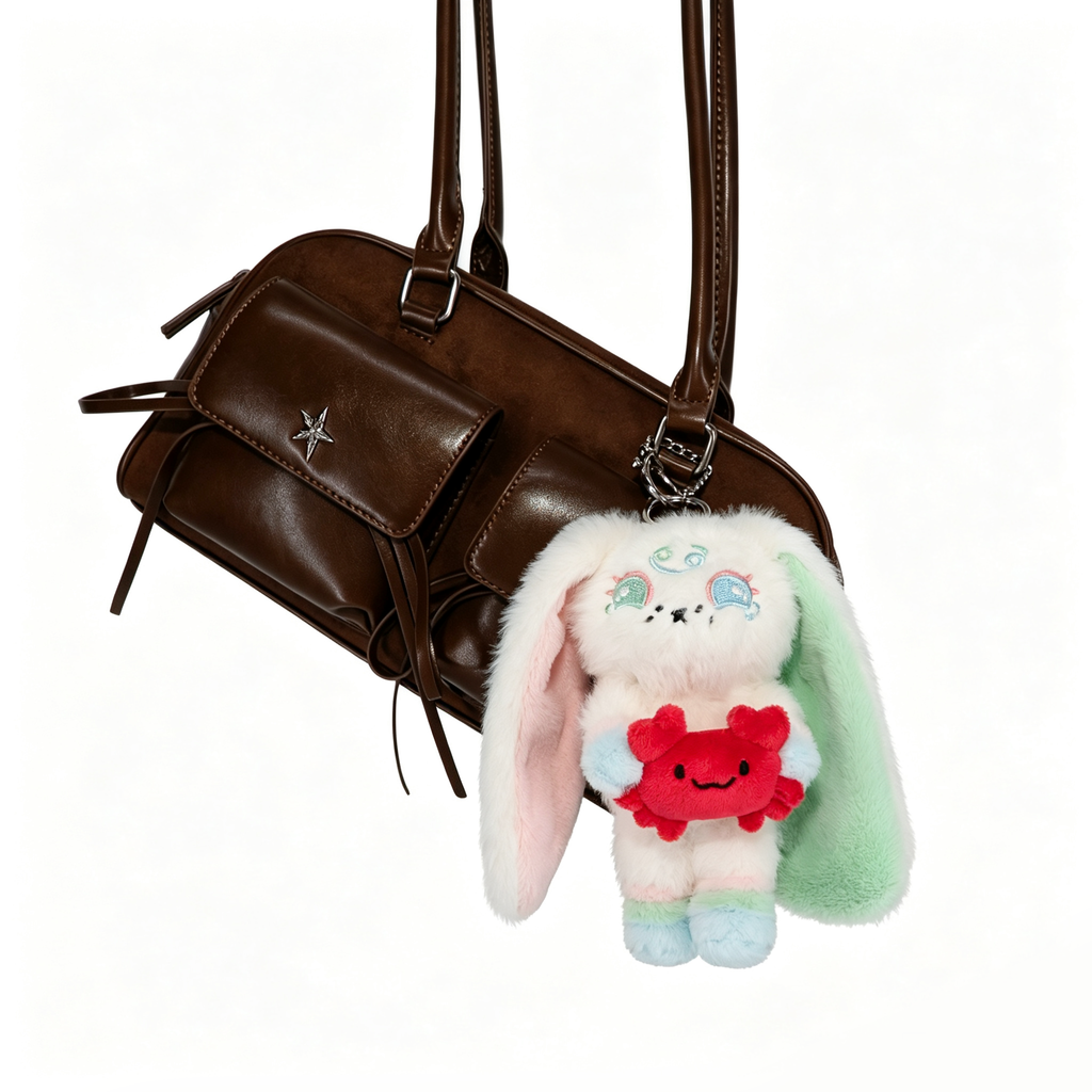 Brown handbag with pocket, star detail, and a Cancer Plush Keychain bunny plush holding a red crab toy on the handle.