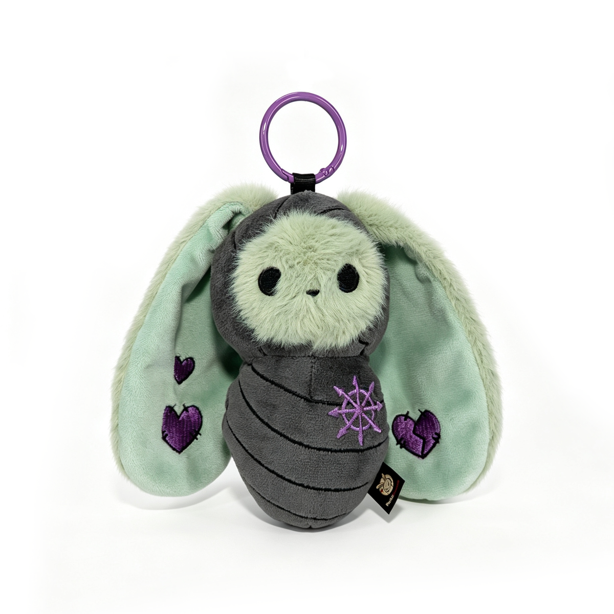 Bunnculus Plush Keychain: plush bunny with mint ears, gray body, embroidered hearts, and a purple ring at the top.