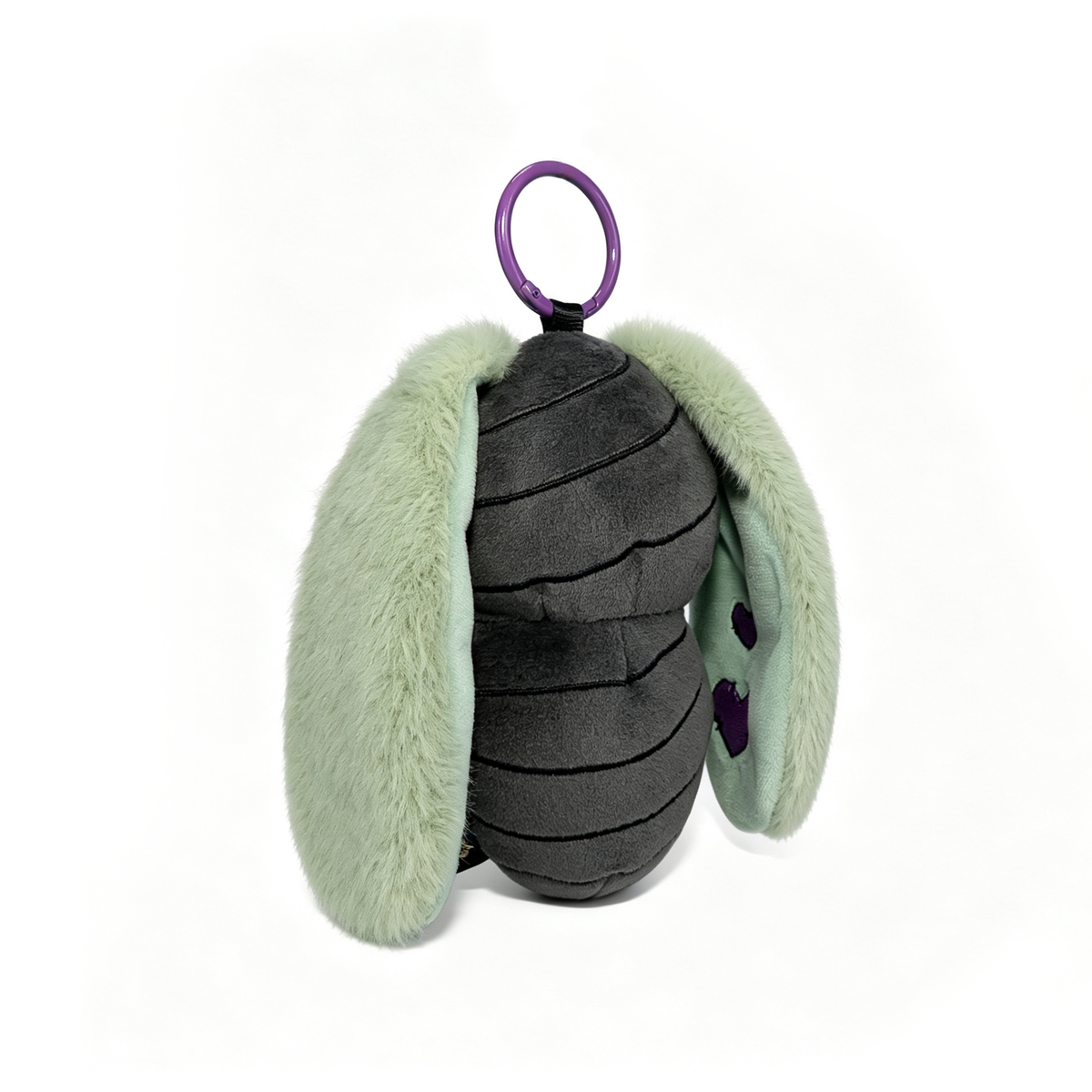 Bunnculus Plush Keychain with mint green floppy ears, black stitched body, and a purple loop, on a white background.