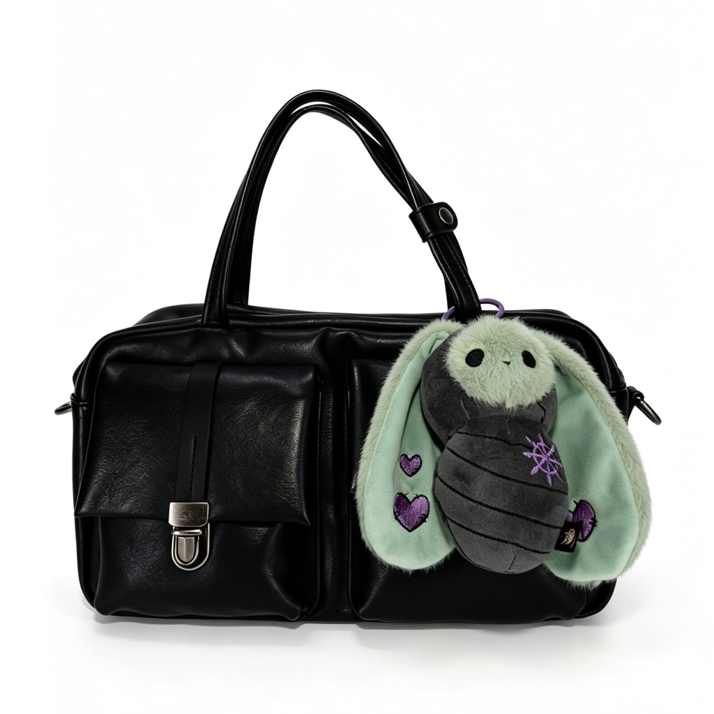 Black leather handbag with a Plushie Dreadfuls bat keychain featuring mint green wings and purple heart accents.
