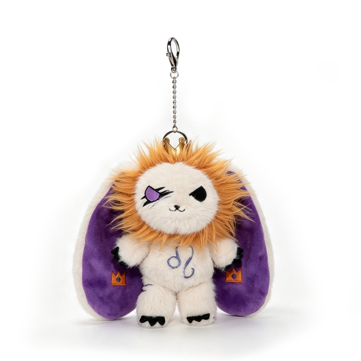 Leo Plush Keychain from Plushie Dreadfuls features an orange mane, purple ears, and eyepatch on a white background.