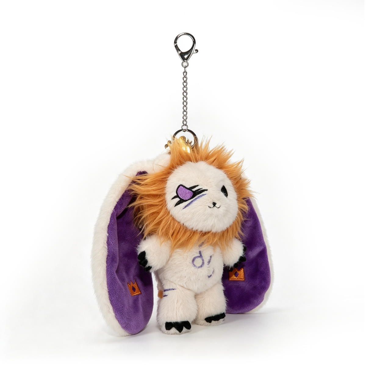 Leo Plush Keychain from plushiedreadfuls.com features an orange mane, purple heart eye, and soft white body.