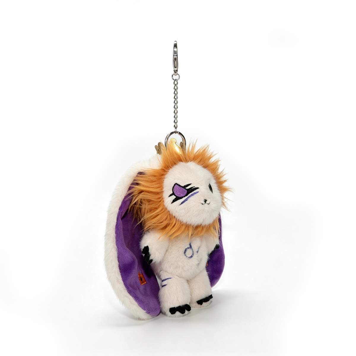 Leo Plush Keychain from plushiedreadfuls.com features an orange mane, purple ears, and white body on a silver chain.