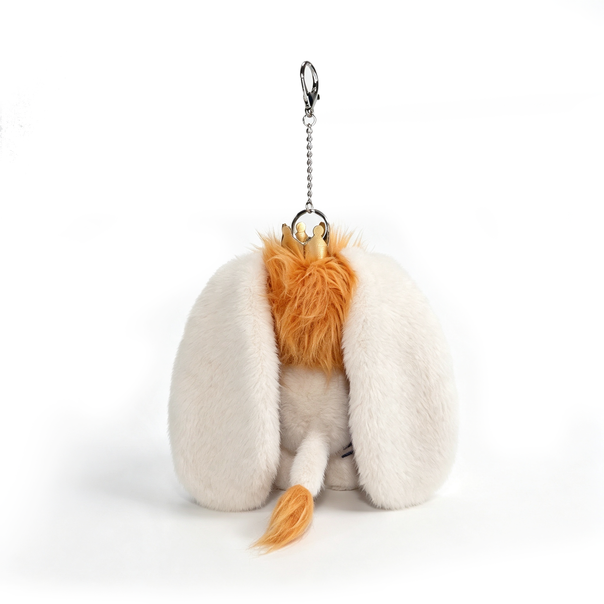 Leo Plush Keychain shaped like an animal’s back, with white fur, floppy ears, and orange tail, on a white background.