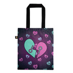 Purple tote with black handles, split heart design—ideal as a mental health gift or for carrying an emotional support bunny.