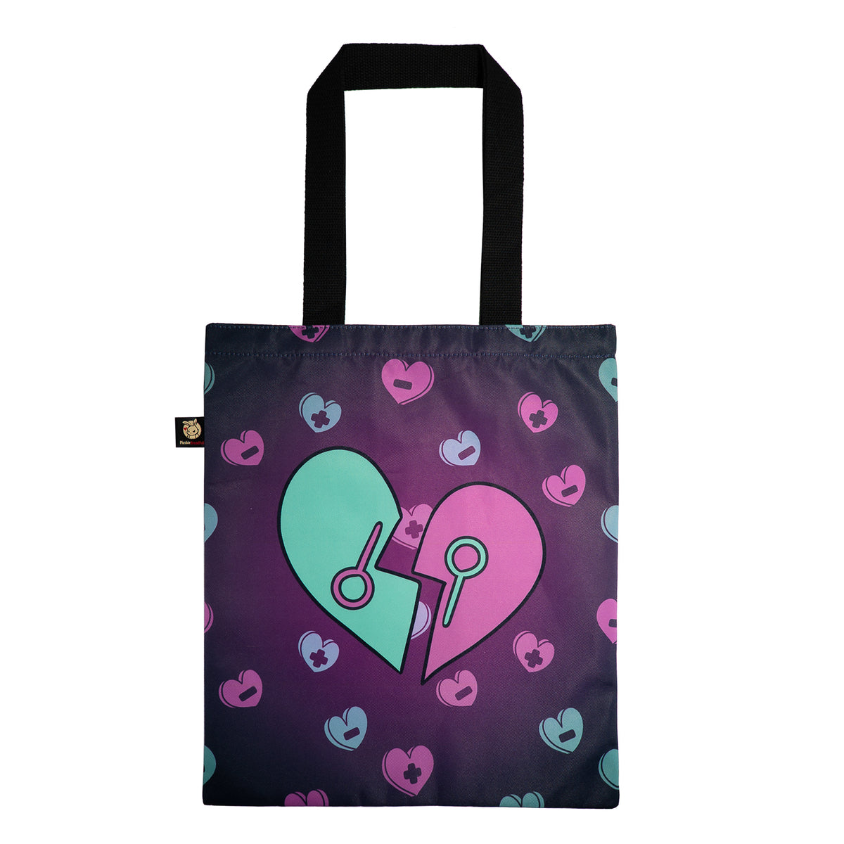Purple tote with black handles, split heart design—ideal as a mental health gift or for carrying an emotional support bunny.