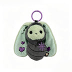 Bunnculus Plush Keychain: bunny keychain with mint green ears, purple hearts, and a purple ring, on white background.