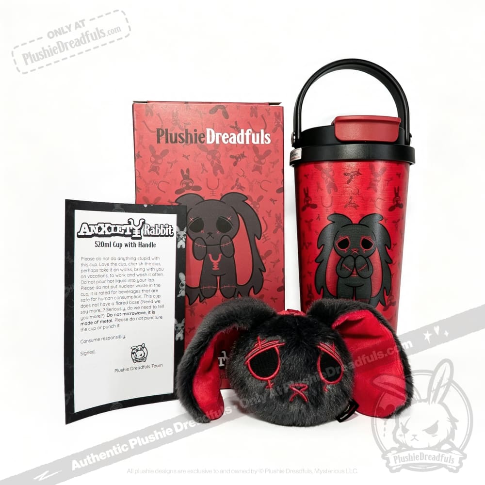 Grey Anxiety Rabbit Cup - Plush Head and Cup Collector Set - thermos