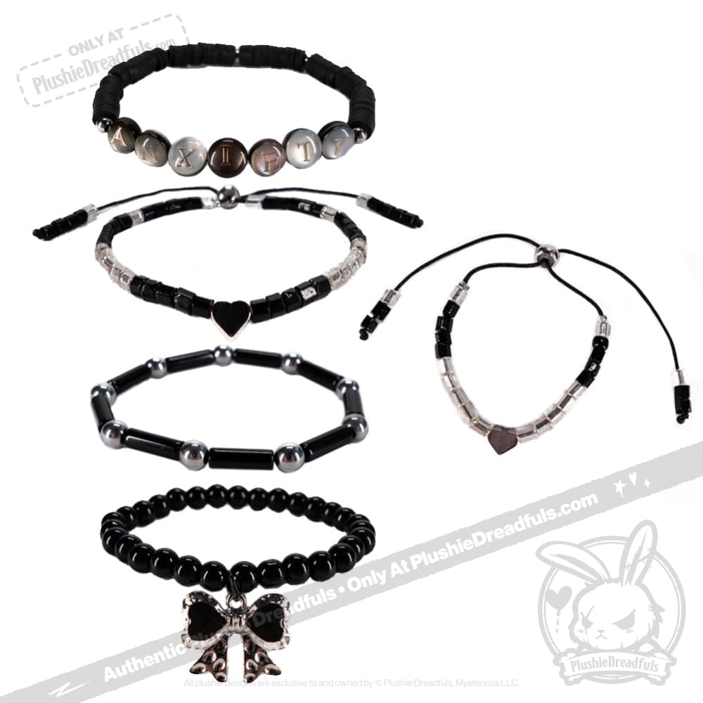 Plushie Dreadfuls -Black Anxiety Rabbit Stacking Friendship Bracelet