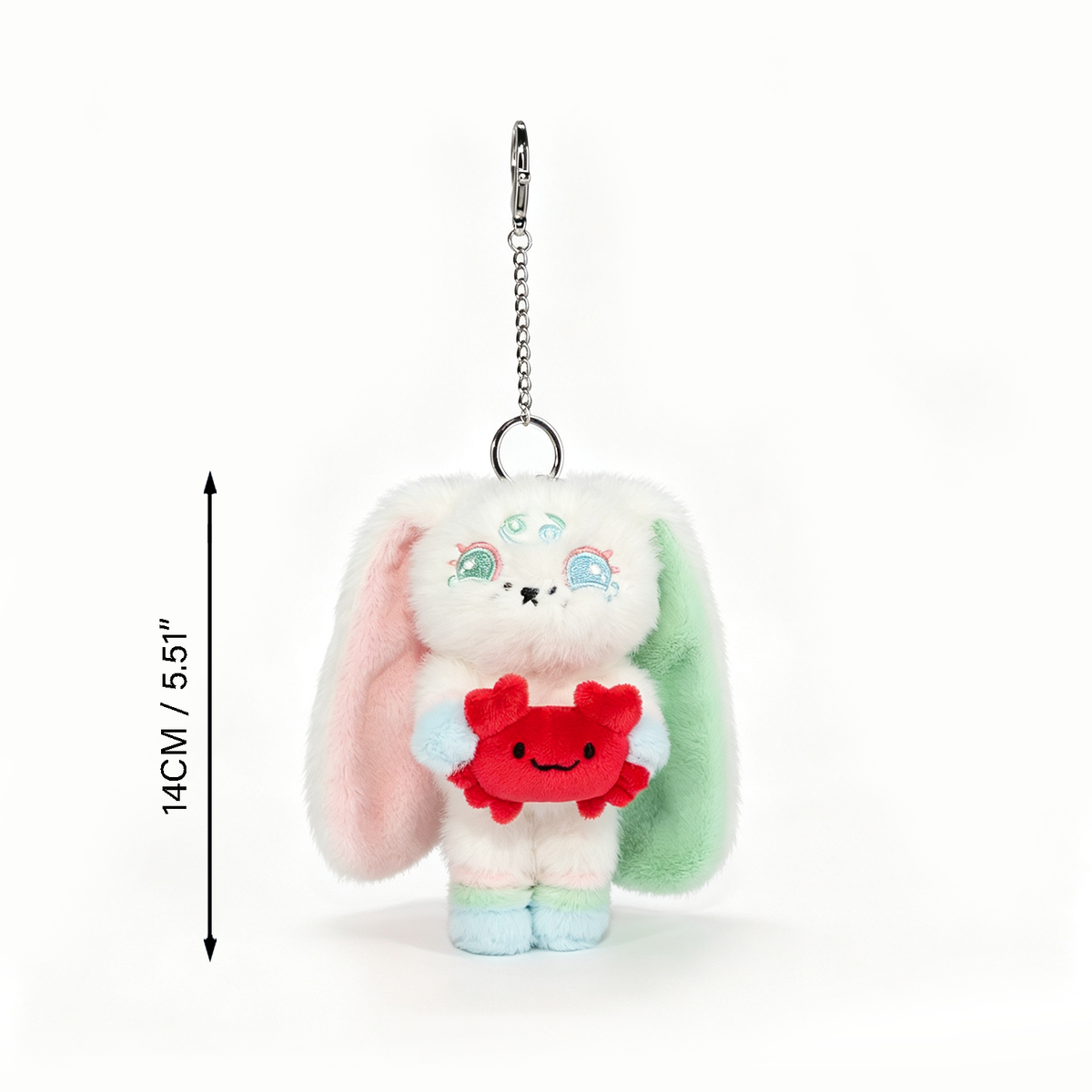 Plushie Dreadfuls bunny keychain, 5.51 tall, holding a red crab—a charming Cancer Zodiac Gift for any collection.