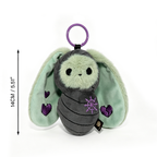 Plushie Dreadfuls Bunnculus Plush Keychain with mint ears, purple hearts, and clip, shown next to 14cm.
