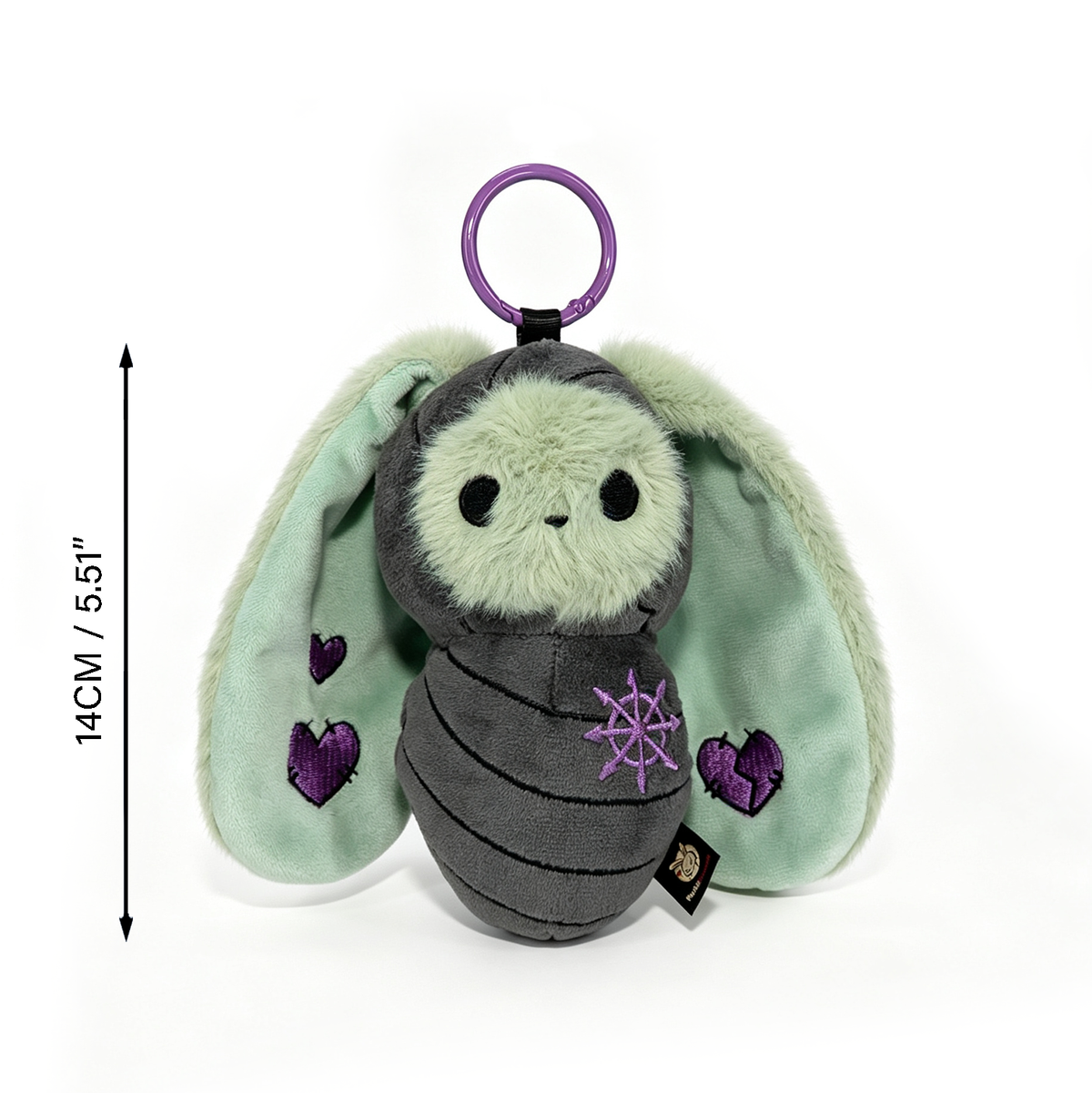 Plushie Dreadfuls Bunnculus Plush Keychain with mint ears, purple hearts, and clip, shown next to 14cm.