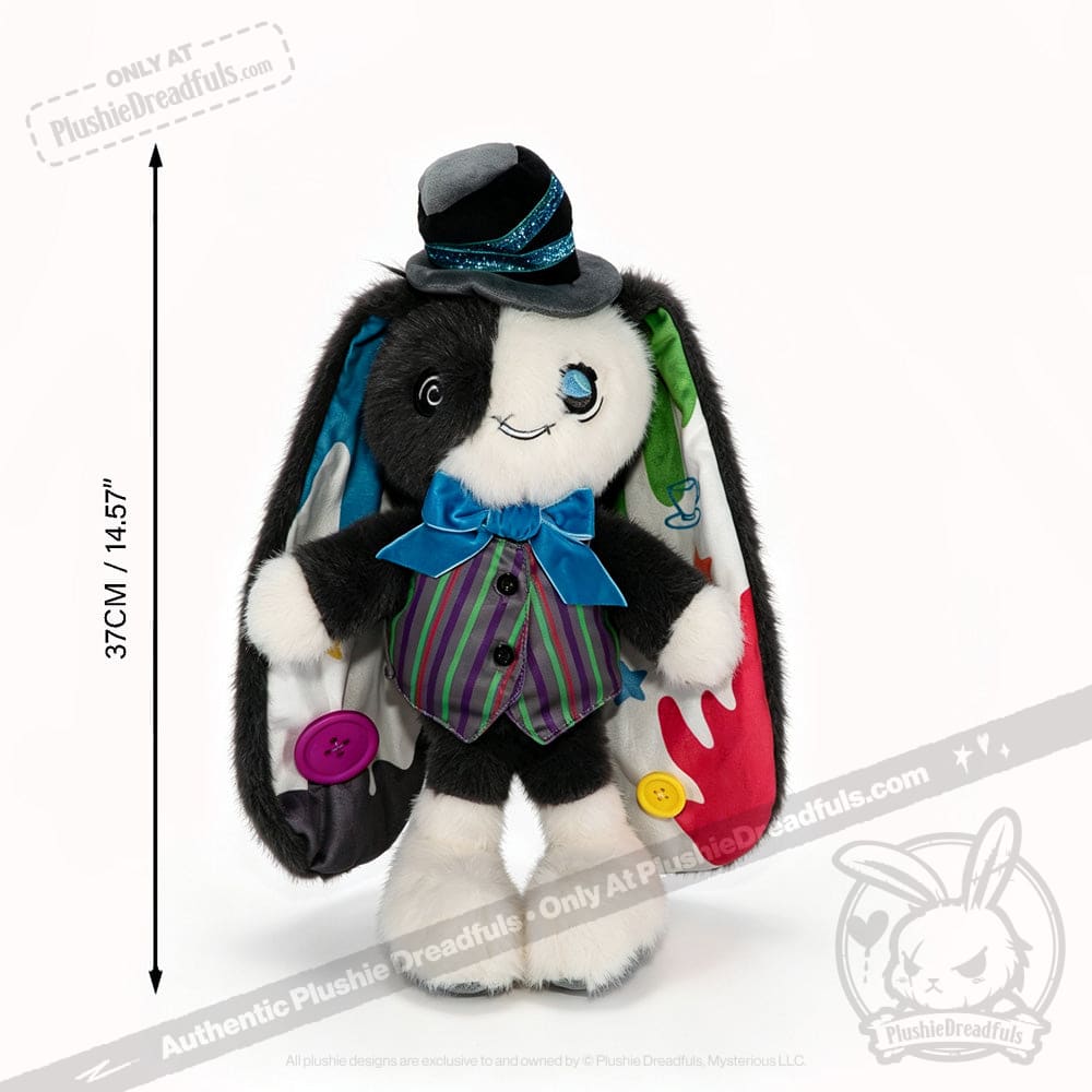 Stuffed bunny plushie in hat, vest, and bowtie with patterned ears—perfect for ADHD Mad Hatter acceptance. 14.57 tall.