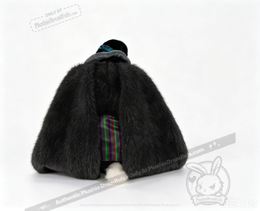 Person in a large, dark fur coat kneels, striped garment and fuzzy slippers—embracing acceptance from behind the camera.