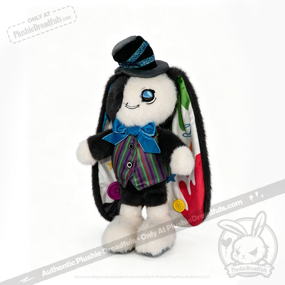 Stuffed bunny plushie toy in a striped vest, blue bow tie, and Mad Hatter top hat, with colorful ear lining.