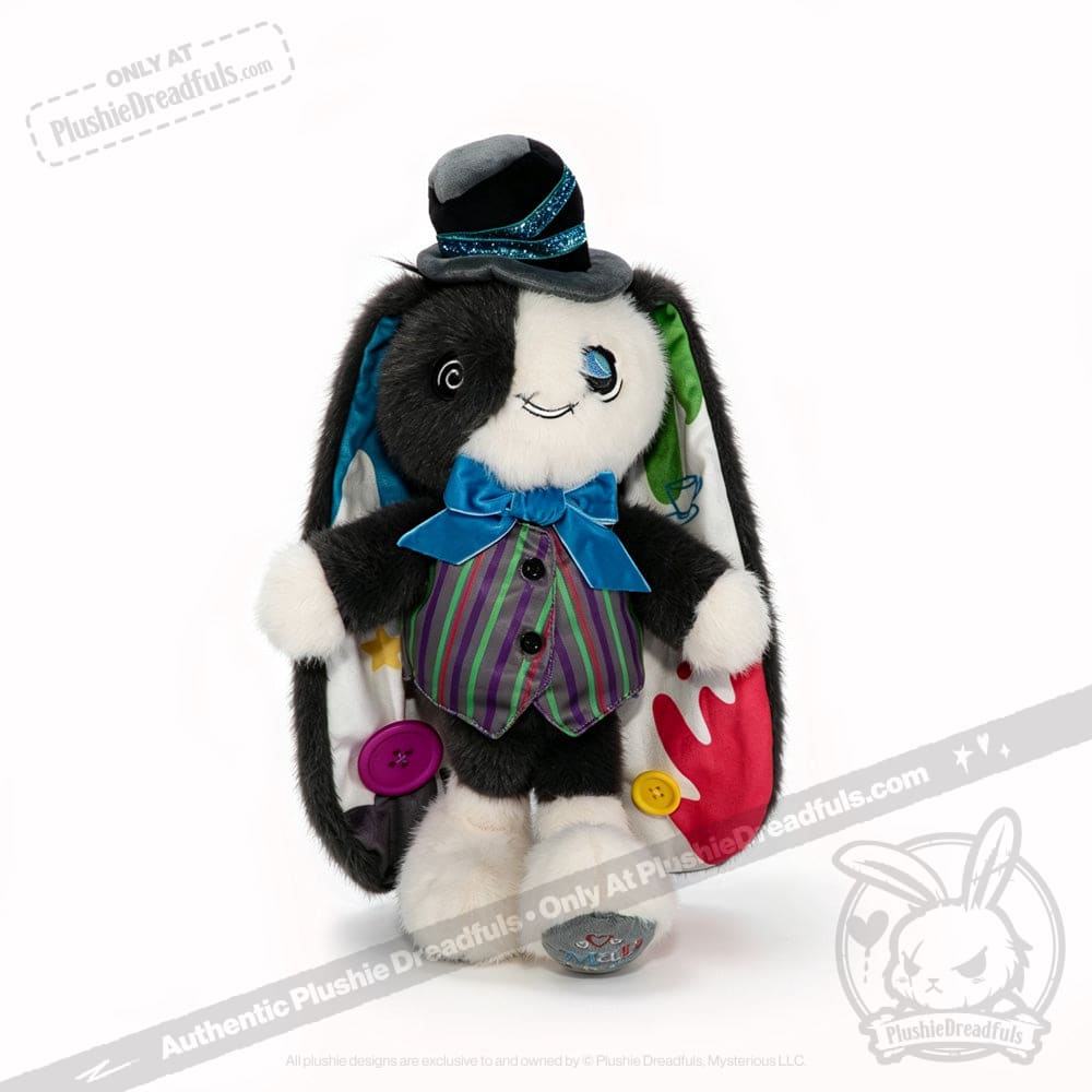 Plush bunny plushie wears a Mad Hatter-inspired top hat, bow tie, and vest—celebrating ADHD acceptance in style.