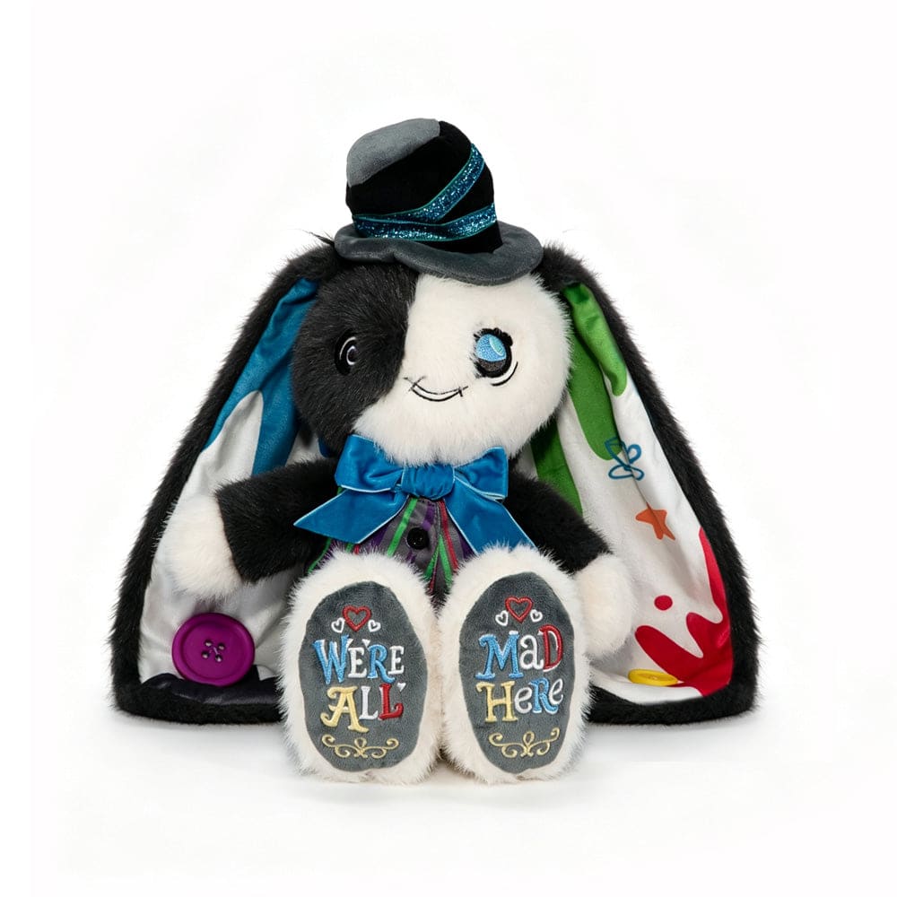 A plushie rabbit in a hat and bow tie, with Were All Mad Here embroidered—perfect for ADHD Mad Hatter acceptance!.