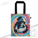 Colorful tote bag with an ADHD Mad Hatter cartoon in a hat, surrounded by swirls, stars, and teacup icons.