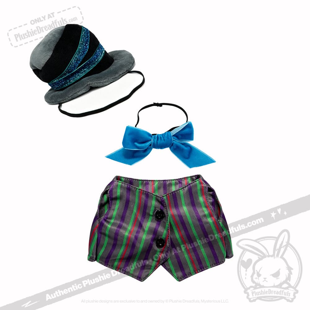 Gray hat with teal ribbon, blue bowtie headband, and striped purple-green shorts—an ADHD Mad Hatter plushie delight.